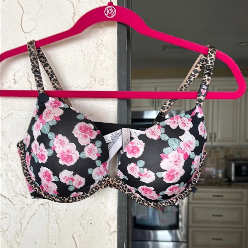 Victoria's Secret Black and Pink Floral Bra with Rhinestone Straps - Picture 1 of 6